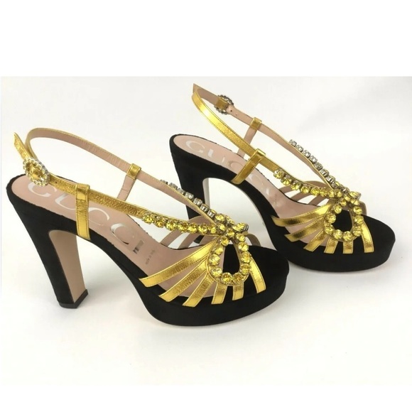 GUCCI Zephyra Crystal Embellished Ankle Strap Sandals Block Heel pump 38.5 sz 8 - Picture 4 of 15